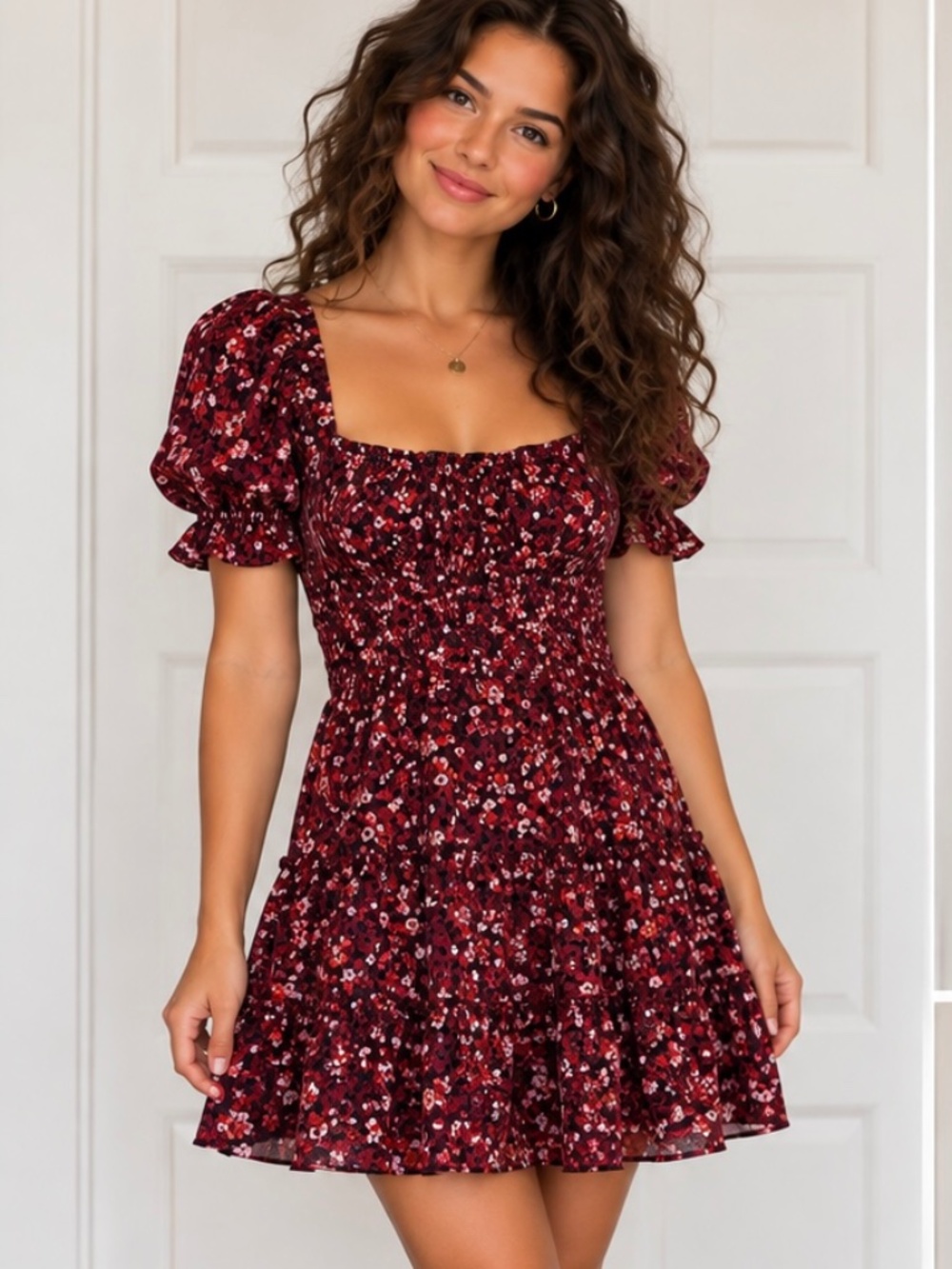 NWOT Altar’d State Burgundy Floral Tiered Mini Puff Sleeve Dress